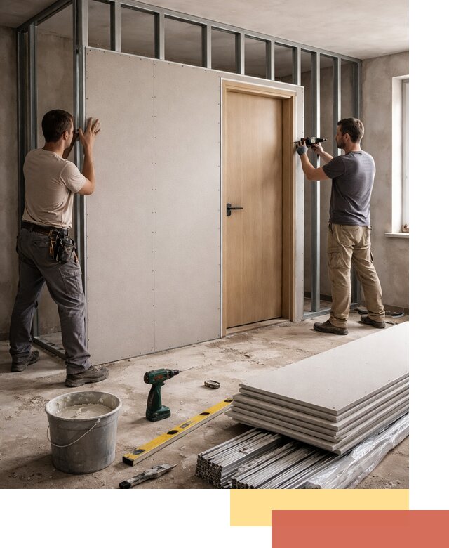 Перегородка из гипсокартона с дверью под ключ в Рузаевке