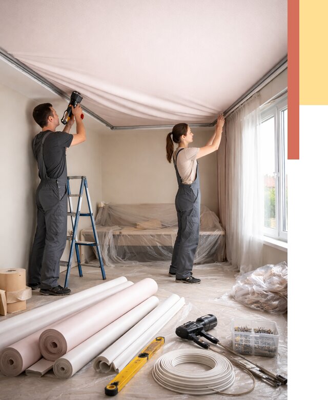 Монтаж цветного натяжного потолка в Рузаевке от 4355 руб/м² — быстро и недорого | ОТДЕЛОЧНИК-Рзв