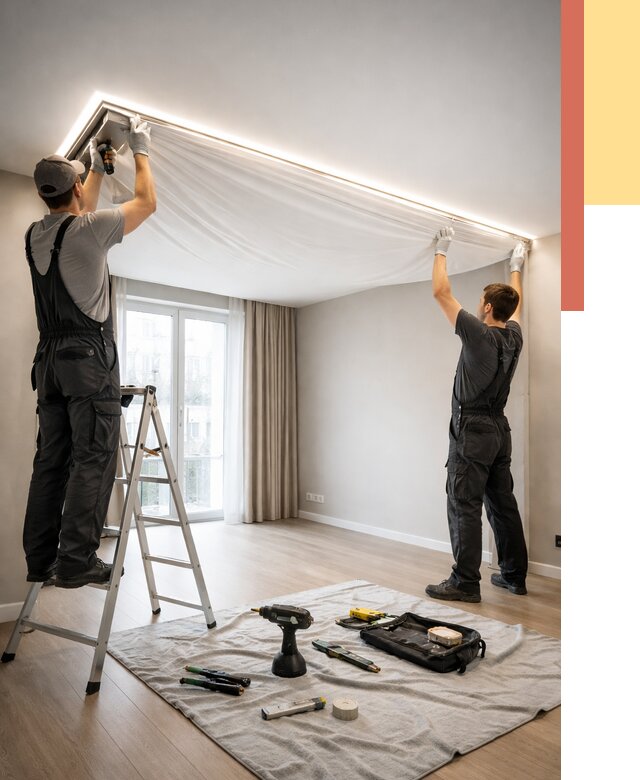 Монтаж парящего натяжного потолка в Рузаевке от 4666 руб. быстро и недорого | ОТДЕЛОЧНИК-Рзв