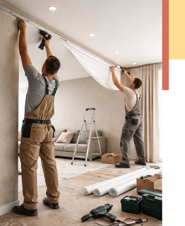 Монтаж натяжного потолка в гостиной в Рузаевке от 570 руб. | ОТДЕЛОЧНИК-Рзв